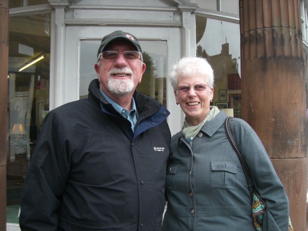 RW Bro Bill McLeod and his wife Ann outside the Masonic Lodge building in Dumfries, Dumfriesshire, SW Scotland.
